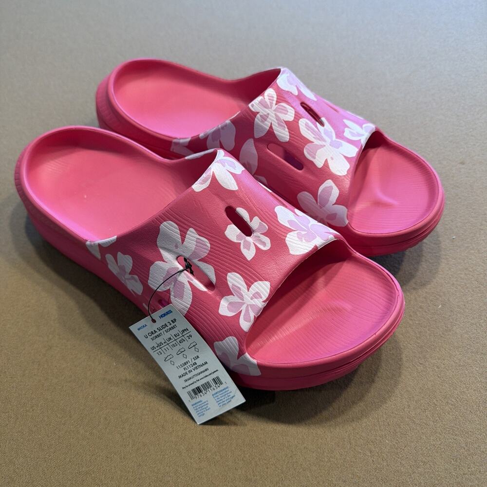 HOKA U ORA 3 Slide Sorbet Hibiscus Tropical Vibrant Bloom Sandals Mn's 11 NWT